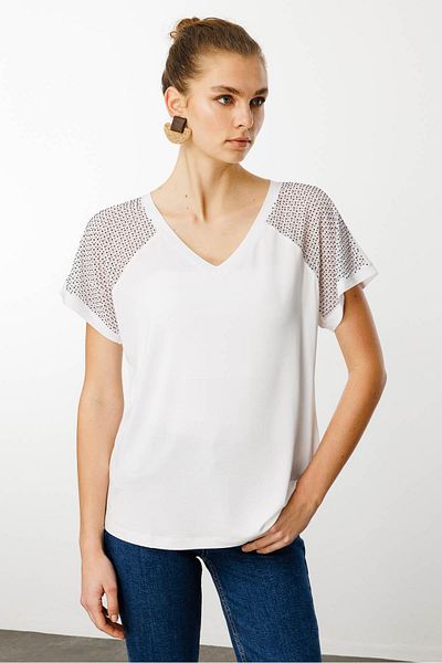 Desen Triko Tricou de damă, cu decolteu în V, cu umeri, din bumbac pieptănat, cu imprimeu cu pietre, alb