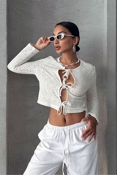MODA Front Tie Cotton Embroidery Blouse - Cream Jb 2514568987