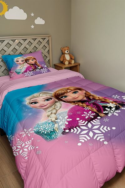 EVPANYA Pink Blue Elsa Patterned Single Duvet and Pillowcase