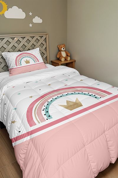 EVPANYA Pink Striped Star King Crown Patterned Single Quilt and Pillowcase