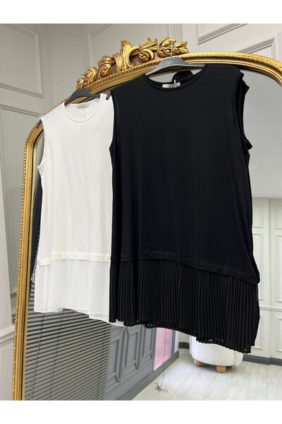 Modabenna Piliseli Siyah-Ekru Kadın Tesettür Gömlek Pliseli Pileli Tunik Içli...