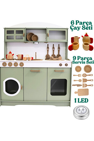 HOBBY HOUSE Ahşap Oyuncak Çocuk Mutfak Çay Seti ve Led Hediyeli