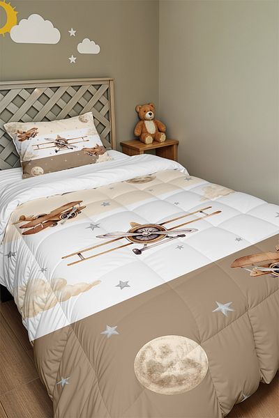 EVPANYA Striped Airplanes Patterned Single Duvet and Pillowcase