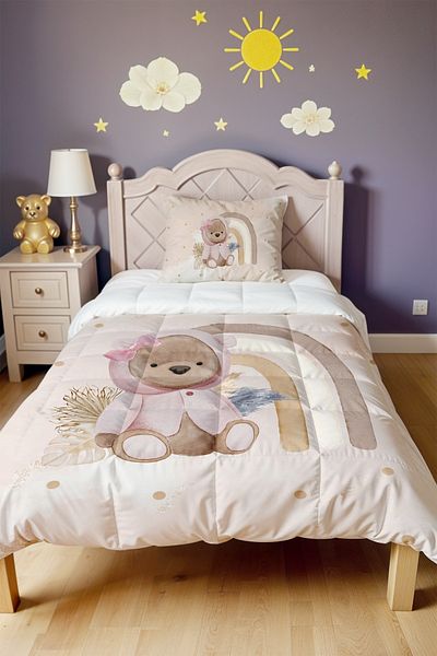EVPANYA Cream Teddy Bear Patterned Single Quilt and Pillowcase