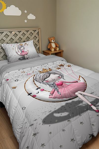 EVPANYA 3D Gray Princess Sitting on the Moon Patterned Single Quilt and Pillowcase