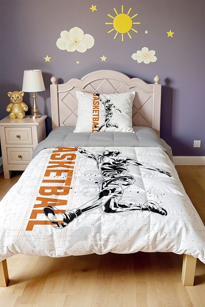 EVPANYA Orange Gray Basketball Player Patterned Single Duvet and Pillowcase
