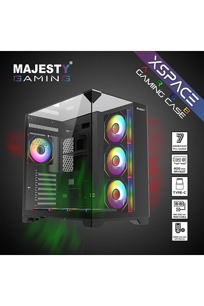 majesty X-space 7-fan Argb Tempered Glass ATX Case with Type-C and USB 3.0 Ports - Black