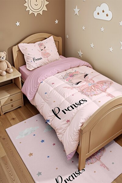 EVPANYA Prenses Balerin Desenli Tek Kişilik Yorgan ve Yastık Kılıfı