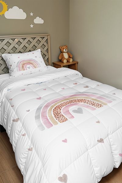 EVPANYA Powder Heart Rainbow Patterned Single Duvet and Pillowcase
