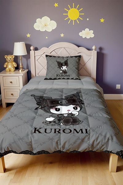 EVPANYA Gray Patterned Shy Kuromi Patterned Single Duvet and Pillowcase