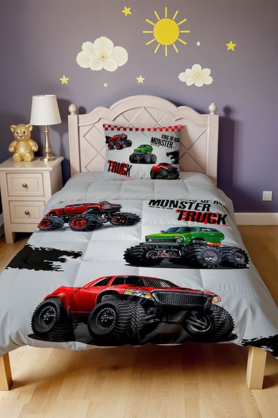 EVPANYA Red Truck Patterned Single Duvet and Pillowcase