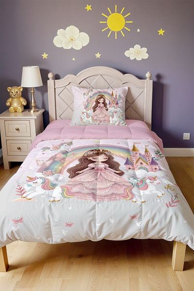 EVPANYA Pink Gray Unicorn Princess Patterned Single Quilt and Pillowcase