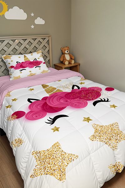 EVPANYA Gold Star Unicorn Patterned Single Duvet and Pillowcase