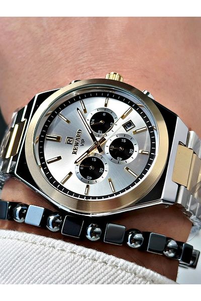 Reward Gold Silver Color Functions Active Steel Band Men Wristwatch + Bracelet