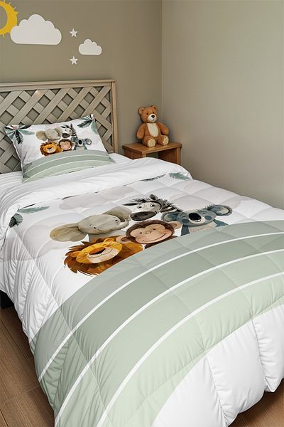 EVPANYA Green Rainbow and Cute Animals Patterned Single Duvet and Pillowcase