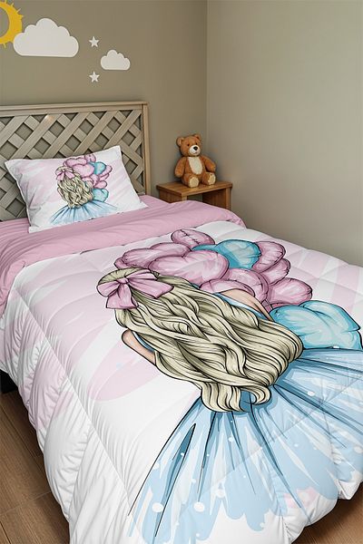 EVPANYA Blue Balloon Girl Patterned Single Quilt and Pillowcase