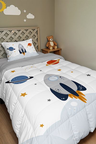 EVPANYA Rocket and Space Patterned Single Duvet and Pillow Case