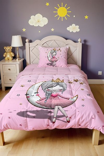 EVPANYA 3D Pink Princess Sitting on the Moon Patterned Single Quilt and Pillowcase