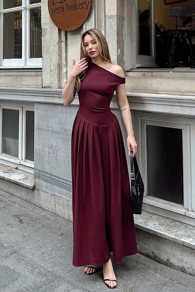 Swist Rochie midi de damă cu guler diagonal burgundă cu talie asimetrică plisată
