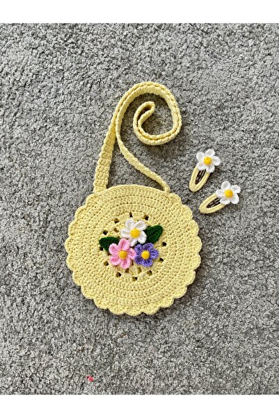 Nevdusha Design El Örgüsü Kız Çocuk Omuz Çantası Ve 2'li Çıtçıt Toka Seti