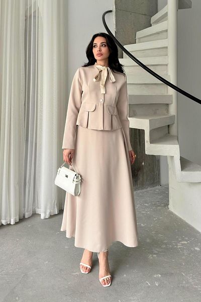 Serica Moda Stone Bow Collar Detailed Burgundy Jacket Skirt Set