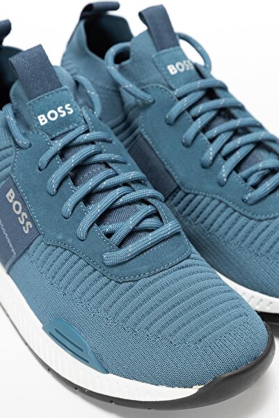 BOSS Erkek Logolu Bağcıklı Deri Mavi Sneaker 50470596-445