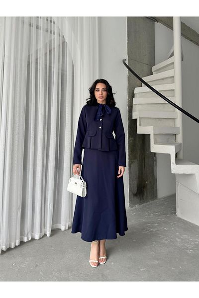 Serica Moda Navy Blue Bow Collar Detailed Burgundy Jacket Skirt Set