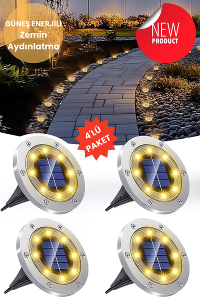 TechnoSmart Solar 4Adet Yeni Model Zemin Bahçe Aydınlatma Güneş Enerjili Çeli...