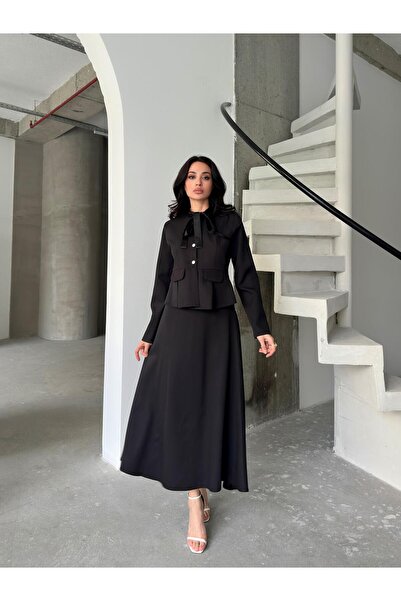 Serica Moda Siyah Fiyonk Yaka Detaylı Bordo Ceket Etek Takım