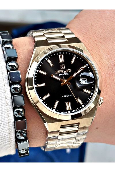 Reward Gold Color Case Cord Steel Automatic Business Men's Wrist Watch + Bracelet