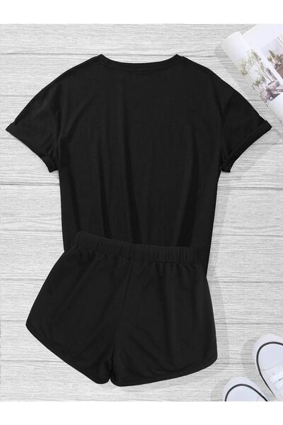 DUBU BUTİK Los Angeles California Print Black Bermuda Shorts Suit Oversize Unisex