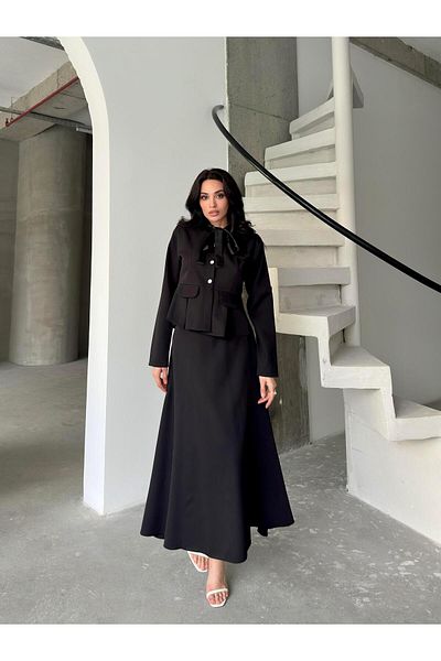 Serica Moda Black Bow Collar Detailed Burgundy Jacket Skirt Set