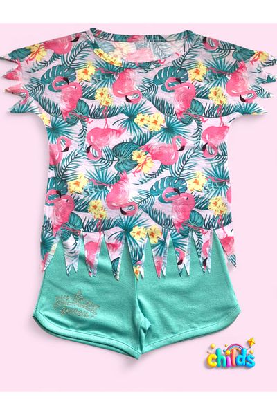 childs Short Sleeve Flamingo Printed Combed Cotton Laser Cut Fringed Girl's T-Shirt Shorts Summer Suit