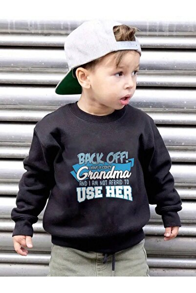 DUBU BUTİK Grandma Cotton Kids Sweatshirt - Black Printed, Crew Neck Girls an...