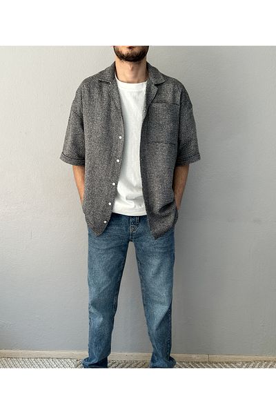 MİRMARONİ New Season Summer Short Sleeve Linen Cotton Textured Single Pocket Men's Shirt.