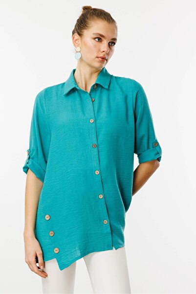 Desen Triko Green Women's Three Quarter Sleeve Linen Shirt