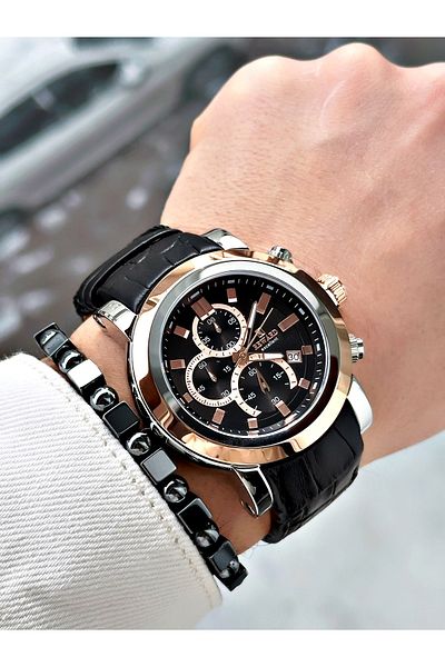 Reward Coffee Color Steel Case Function Business Leather Band Men's Wristwatch + Bracelet