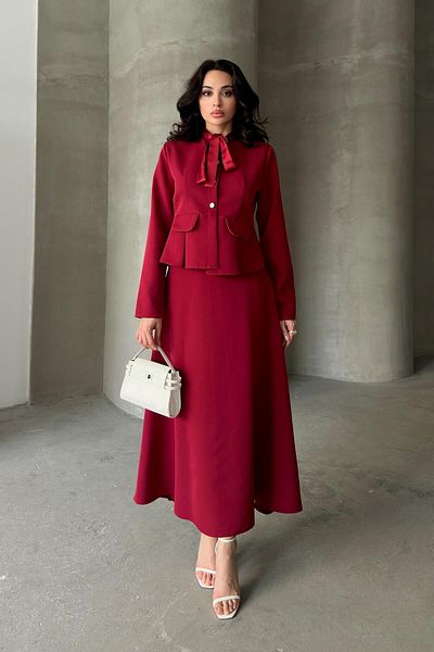 Serica Moda Burgundy Bow Collar Detailed Burgundy Jacket Skirt Set