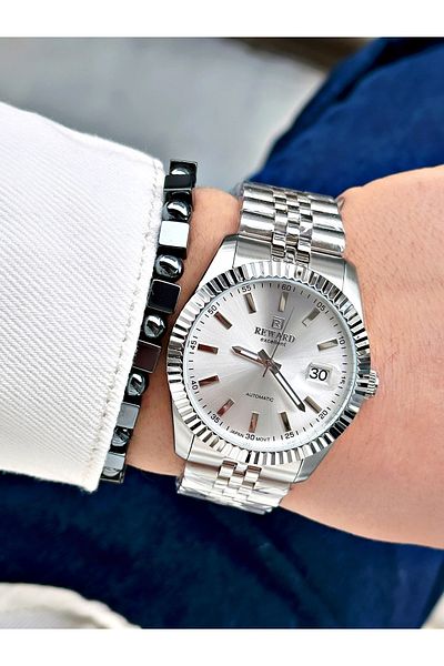 Reward Silver Color Mechanism Business Automatic Men's Wrist Watch + Bracelet