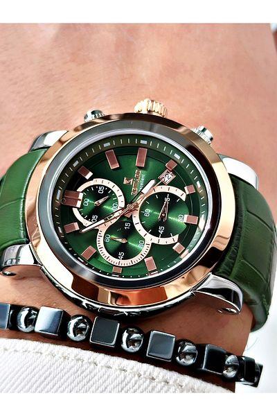 Reward Green Color Steel Case Function Business Leather Band Men's Wristwatch + Bracelet