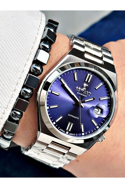 Reward Silver Color Case Cord Steel Automatic Business Men's Wrist Watch + Bracelet