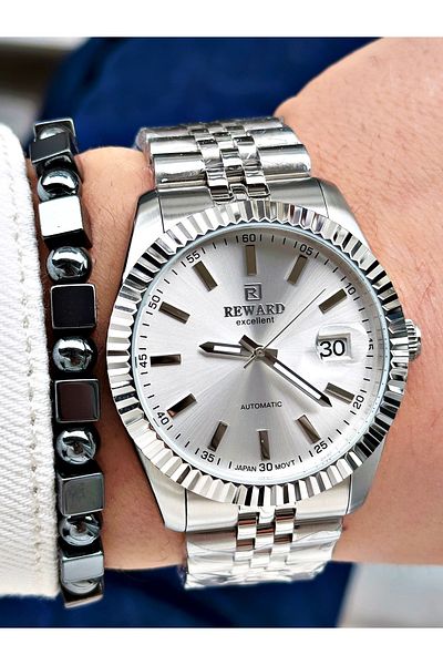 Reward Silver Color Mechanism Business Automatic Men's Wrist Watch + Bracelet