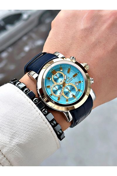 Reward Navy Blue Color Steel Case Function Business Leather Band Men's Wristwatch + Bracelet