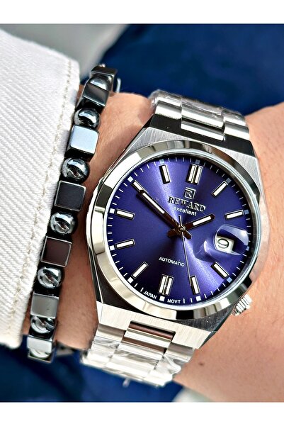 Reward Silver Color Case Cord Steel Automatic Business Men's Wrist Watch + Bracelet