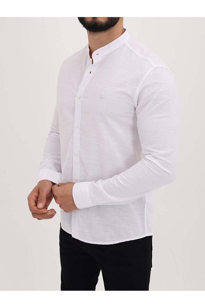 cliento Men's White Judge Collar Slim Fit Long Sleeve Buttoned Stylish and Comfortable Linen Shirt