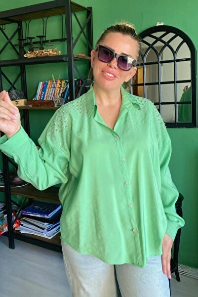 Zer Otantik Cămașă Aerobin de mărime mare verde cu broderie de margele