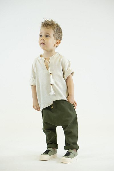 Catz Kids Khaki Green Linen Buttoned Harem + Cream Linen Stringed Shirt