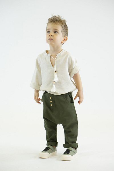 Catz Kids Khaki Green Linen Buttoned Harem + Cream Linen Stringed Shirt