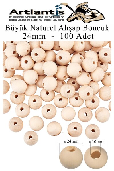 Artlantis Naturel Ahşap Boncuk 24mm 100 lü 1 Paket Ham Boyanabilir Ahşap Yuva...