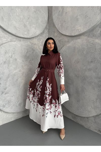 WellWay Atlas Fabric Floral Patterned Shirt Collar Button Detailed Brown Dress (Belt Included)-2501